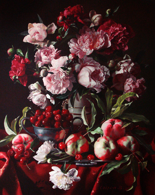Boris Leifer - Still Life with Peonies, Cherries and Peaches