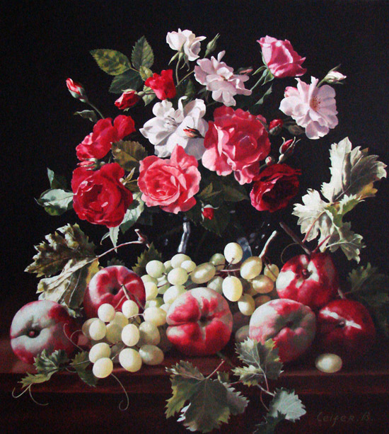 Boris Leifer - Still Life with Grapes, Peaches and Roses