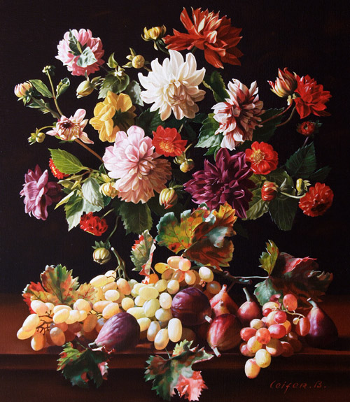 Boris Leifer - Still Life with Dahlias and Fruit