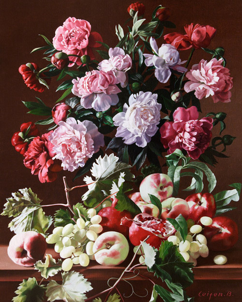 Boris Leifer - Still Life with Peonies, Pomegranates, Peaches and Grapes